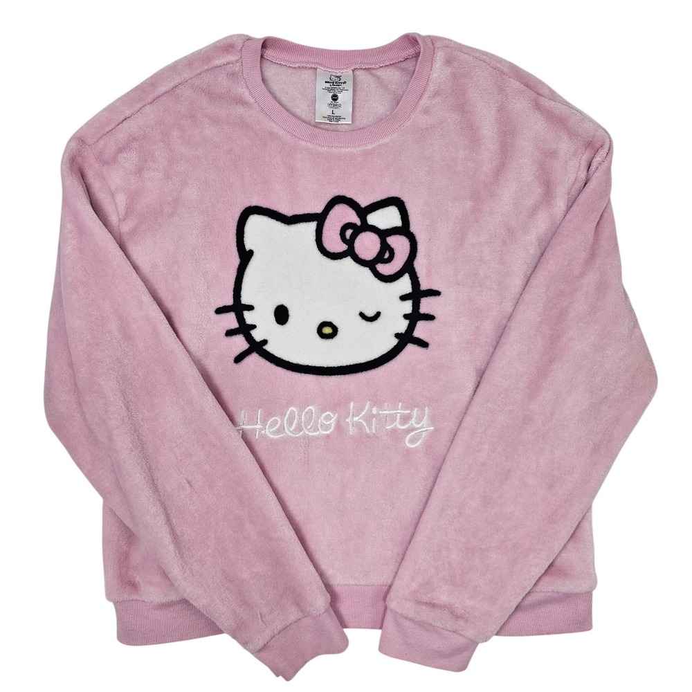 Hello Kitty Sanrio Pink Plush Fleece Sweatshirt Winking Face Hybrid Apparel L